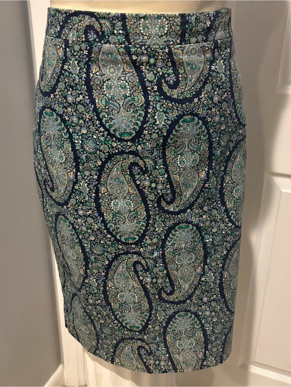 J. Crew Navy and Teal/Navy/Green Paisley Pencil Skirt S/4